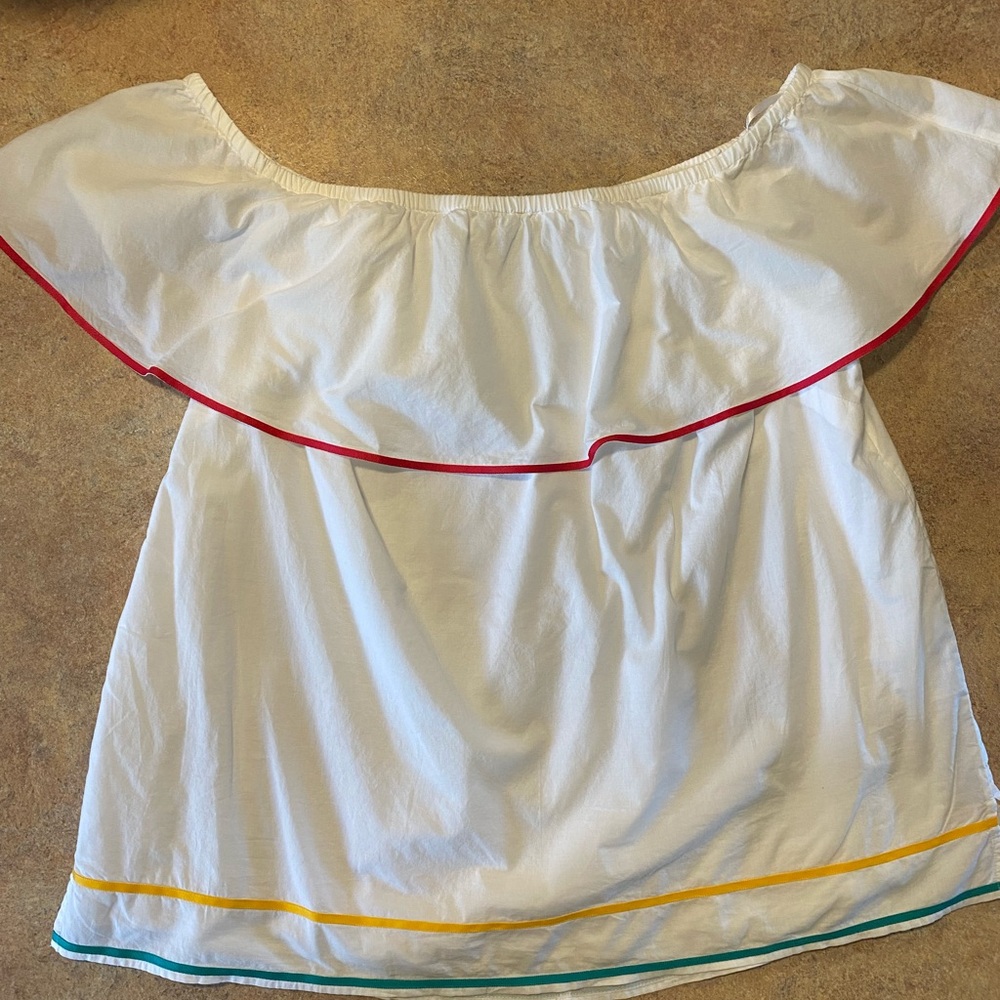 Lane Bryant Ruffled White Spanish Blouse Drop Sholders Red, Green Yellow Trim